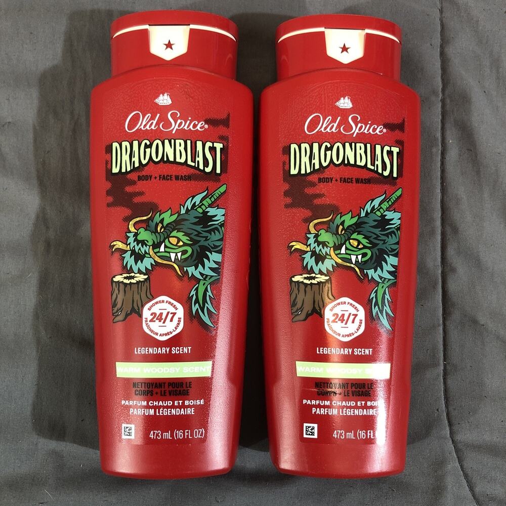 2 PACK ~ Old Spice Body + Face Wash DRAGON BLAST Warm WOODSY Scent 16oz X 2